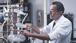 Scientist in a 1970s Beecham Research Laboratory producing antibiotics