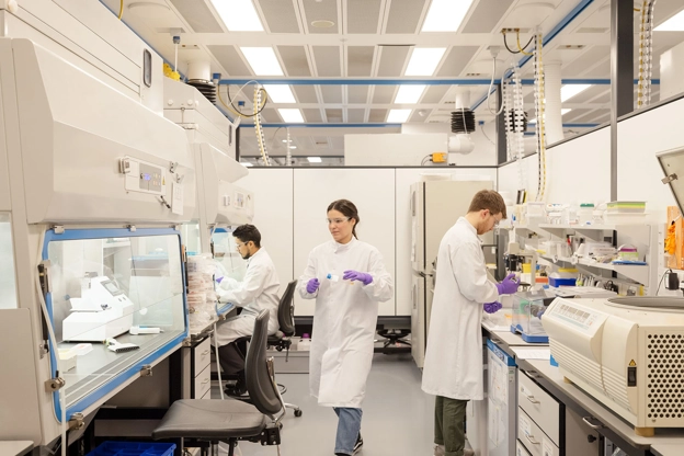 Vediamo degli scienziati al lavoro in un laboratorio.