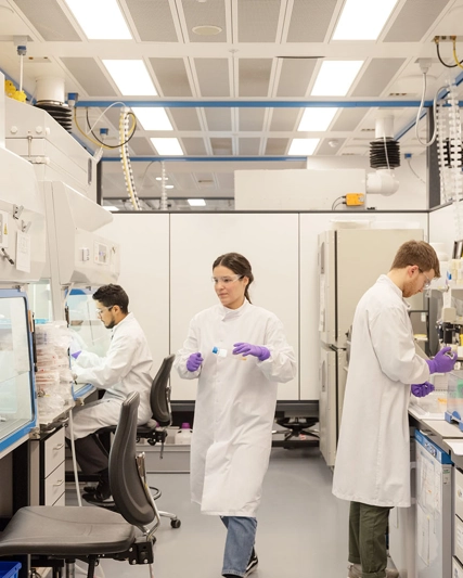 Vediamo degli scienziati al lavoro in un laboratorio.